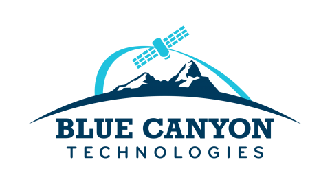 Blue Canyon Technologies logo picturing a light blue arc and satellite over a navy mountain range on a horizon
