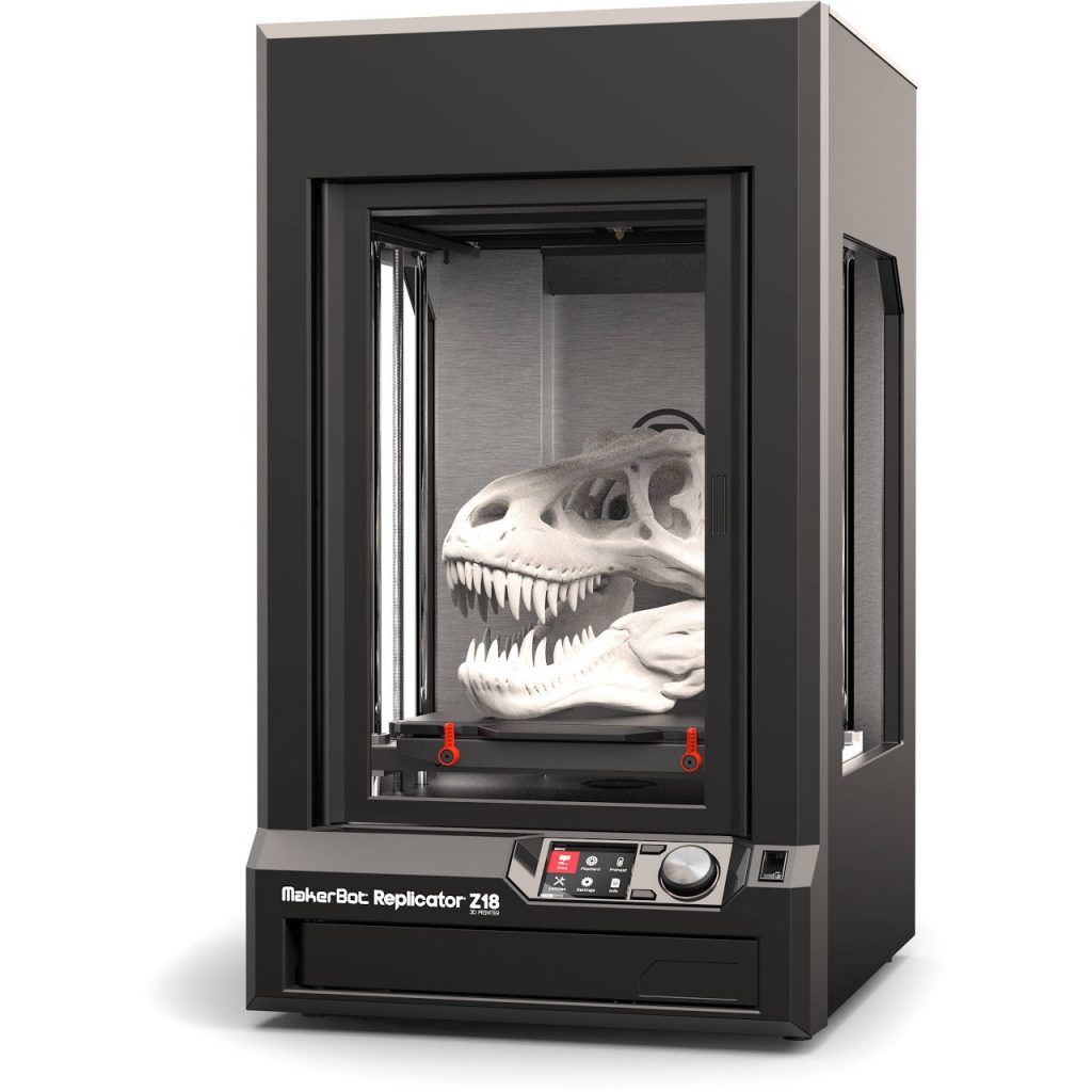 image of a black, rectangular 3D printer with a dinosaur skill inside